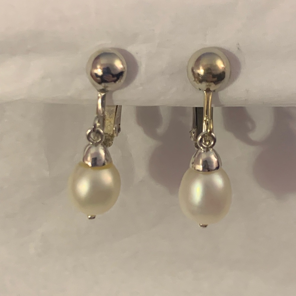 Silver Toned Faux Pearl Drop Clip on Earrings